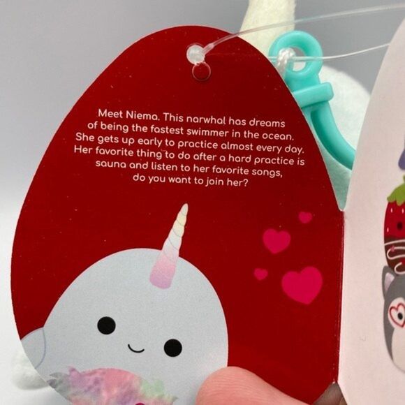 Squishmallow 3.5” Valentines Furry Belly Niema Narwhal Clip On Keychain - Picture 5 of 8